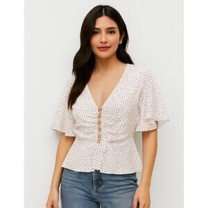 Ranna Gill Size Small Polka Dot Peplum Top Boho White Red Cotton Flutter Sleeves